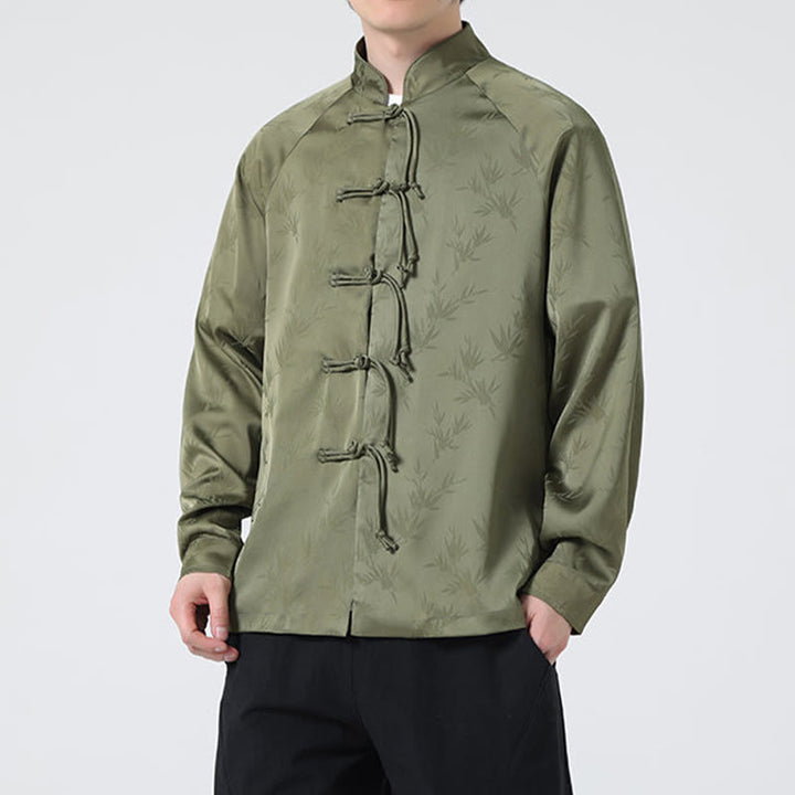 Camicia a maniche lunghe da uomo con motivo a foglie di bambù e motivo a rana cinese, motivo jacquard primaverile con Buddha Stones