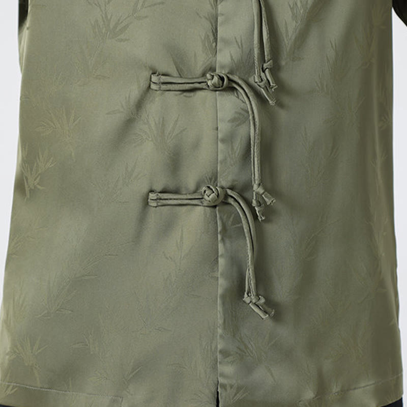 Camicia a maniche lunghe da uomo con motivo a foglie di bambù e motivo a rana cinese, motivo jacquard primaverile con Buddha Stones
