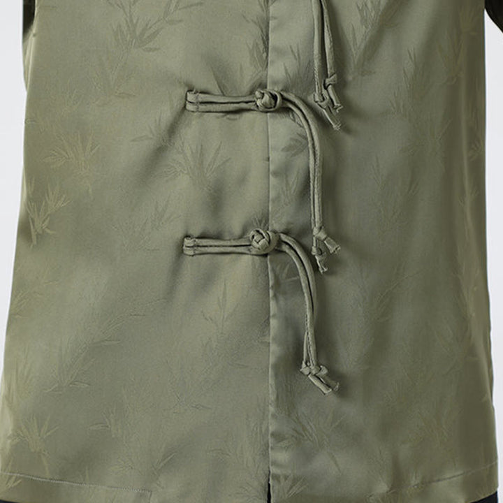 Camicia a maniche lunghe da uomo con motivo a foglie di bambù e motivo a rana cinese, motivo jacquard primaverile con Buddha Stones