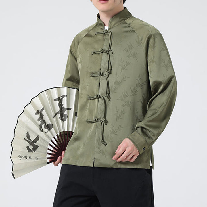 Camicia a maniche lunghe da uomo con motivo a foglie di bambù e motivo a rana cinese, motivo jacquard primaverile con Buddha Stones