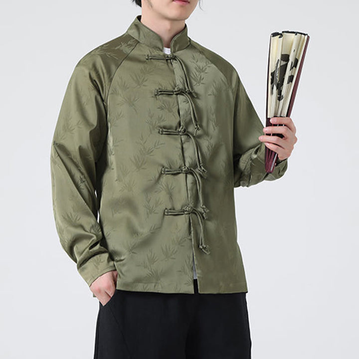 Camicia a maniche lunghe da uomo con motivo a foglie di bambù e motivo a rana cinese, motivo jacquard primaverile con Buddha Stones