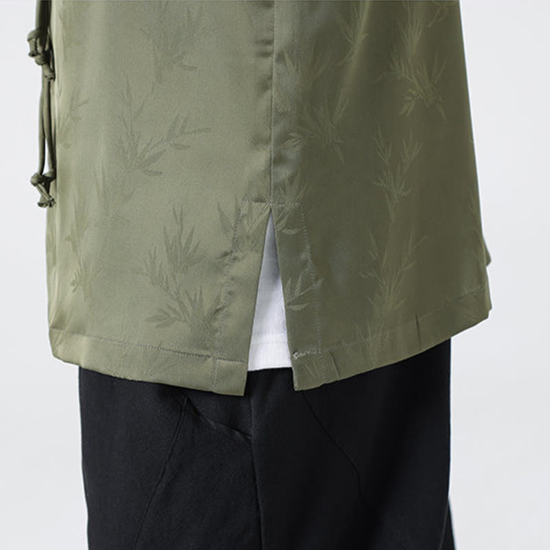 Camicia a maniche lunghe da uomo con motivo a foglie di bambù e motivo a rana cinese, motivo jacquard primaverile con Buddha Stones