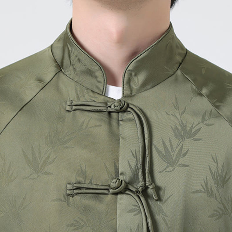 Camicia a maniche lunghe da uomo con motivo a foglie di bambù e motivo a rana cinese, motivo jacquard primaverile con Buddha Stones