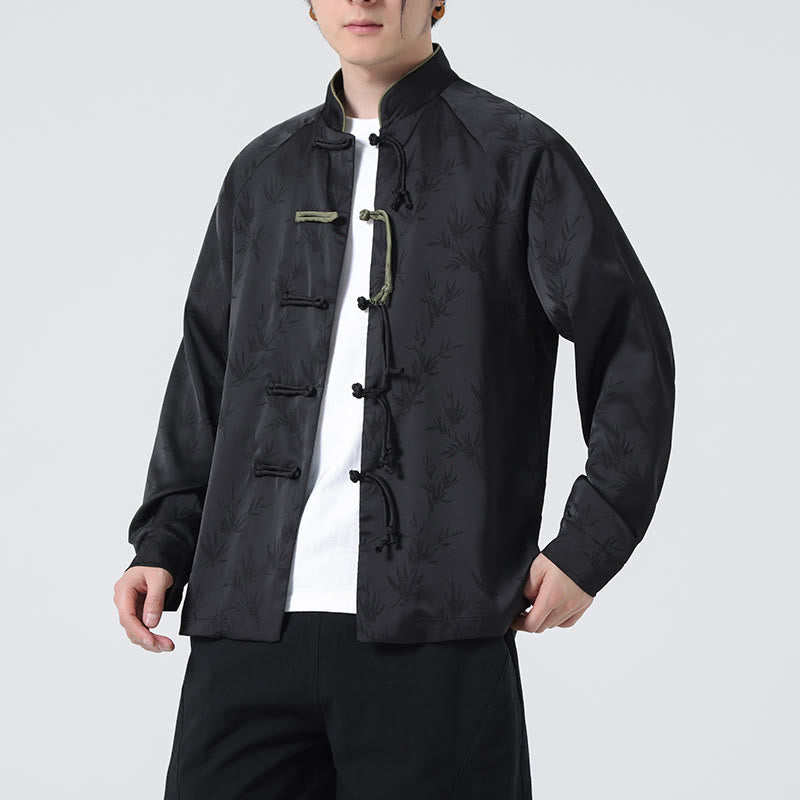 Camicia a maniche lunghe da uomo con motivo a foglie di bambù e motivo a rana cinese, motivo jacquard primaverile con Buddha Stones