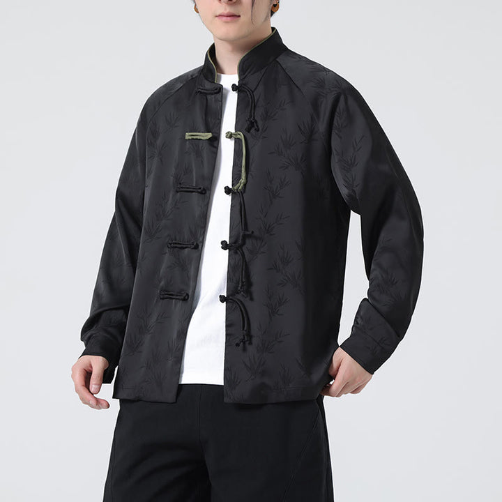 Camicia a maniche lunghe da uomo con motivo a foglie di bambù e motivo a rana cinese, motivo jacquard primaverile con Buddha Stones