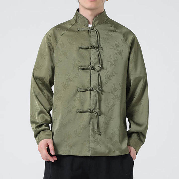 Camicia a maniche lunghe da uomo con motivo a foglie di bambù e motivo a rana cinese, motivo jacquard primaverile con Buddha Stones