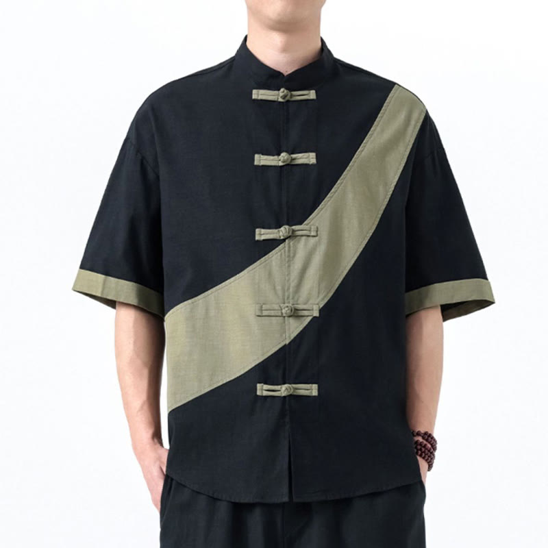 Camicia da uomo in cotone e lino a mezza manica con bottoni cinesi a contrasto di colore primaverile, motivo Buddha Stones