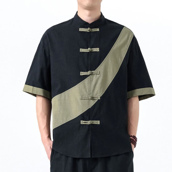 Camicia da uomo in cotone e lino a mezza manica con bottoni cinesi a contrasto di colore primaverile, motivo Buddha Stones
