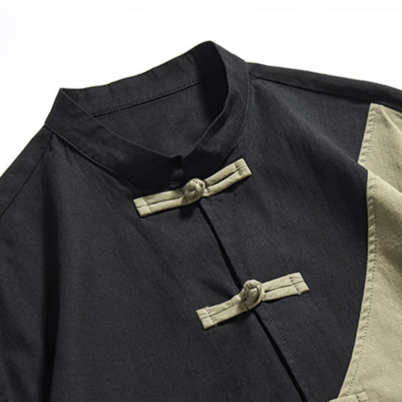 Camicia da uomo in cotone e lino a mezza manica con bottoni cinesi a contrasto di colore primaverile, motivo Buddha Stones
