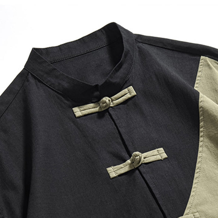 Camicia da uomo in cotone e lino a mezza manica con bottoni cinesi a contrasto di colore primaverile, motivo Buddha Stones