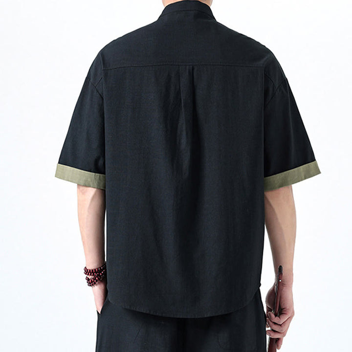 Camicia da uomo in cotone e lino a mezza manica con bottoni cinesi a contrasto di colore primaverile, motivo Buddha Stones