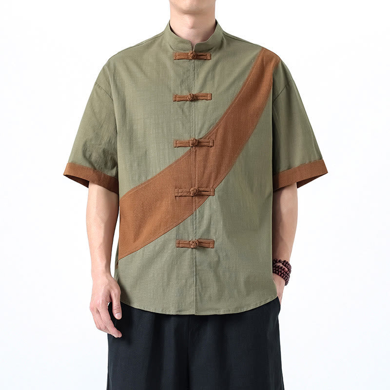 Camicia da uomo in cotone e lino a mezza manica con bottoni cinesi a contrasto di colore primaverile, motivo Buddha Stones