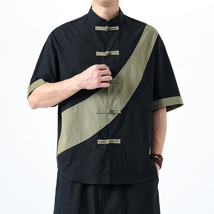 Camicia da uomo in cotone e lino a mezza manica con bottoni cinesi a contrasto di colore primaverile, motivo Buddha Stones