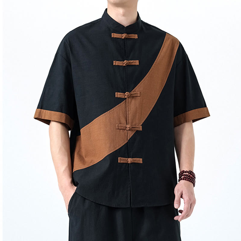 Camicia da uomo in cotone e lino a mezza manica con bottoni cinesi a contrasto di colore primaverile, motivo Buddha Stones