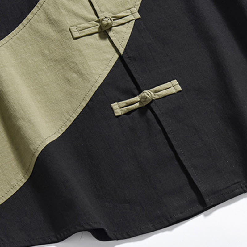 Camicia da uomo in cotone e lino a mezza manica con bottoni cinesi a contrasto di colore primaverile, motivo Buddha Stones