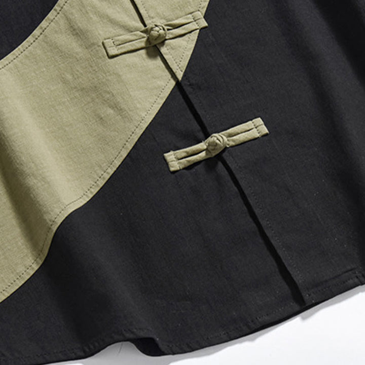 Camicia da uomo in cotone e lino a mezza manica con bottoni cinesi a contrasto di colore primaverile, motivo Buddha Stones
