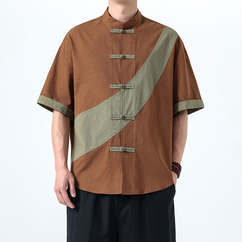 Camicia da uomo in cotone e lino a mezza manica con bottoni cinesi a contrasto di colore primaverile, motivo Buddha Stones