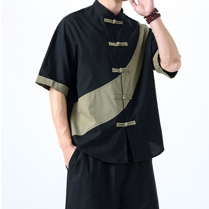 Camicia da uomo in cotone e lino a mezza manica con bottoni cinesi a contrasto di colore primaverile, motivo Buddha Stones