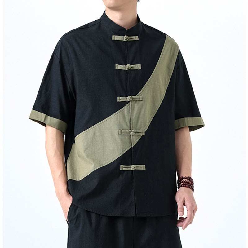 Camicia da uomo in cotone e lino a mezza manica con bottoni cinesi a contrasto di colore primaverile, motivo Buddha Stones