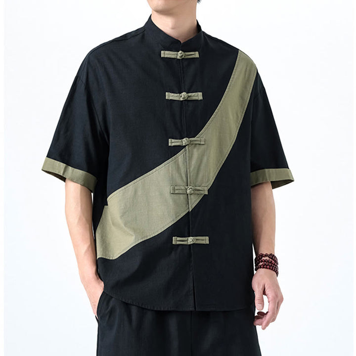 Camicia da uomo in cotone e lino a mezza manica con bottoni cinesi a contrasto di colore primaverile, motivo Buddha Stones