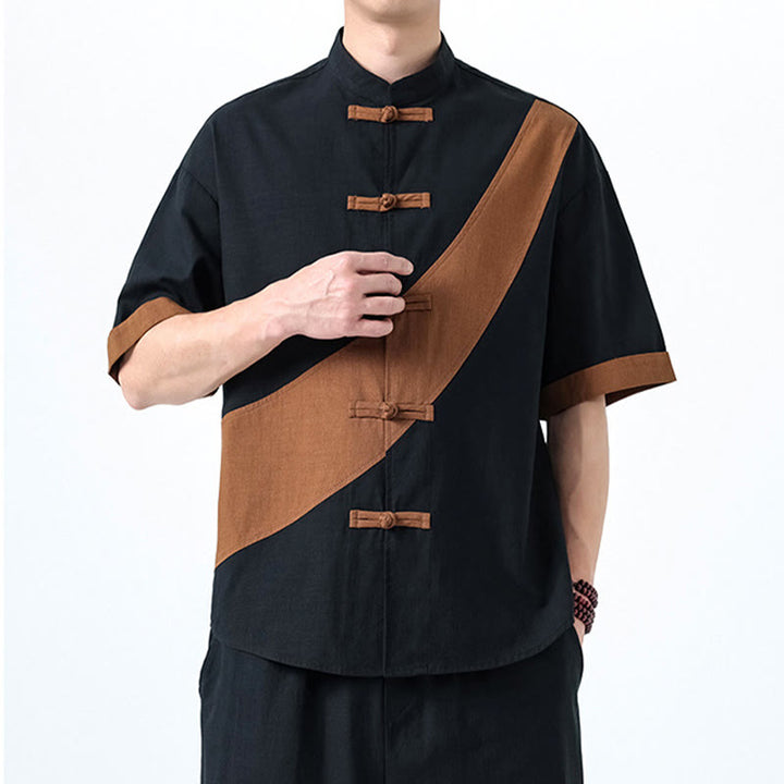 Camicia da uomo in cotone e lino a mezza manica con bottoni cinesi a contrasto di colore primaverile, motivo Buddha Stones