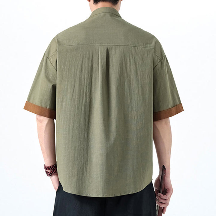 Camicia da uomo in cotone e lino a mezza manica con bottoni cinesi a contrasto di colore primaverile, motivo Buddha Stones