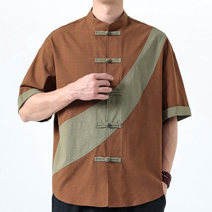 Camicia da uomo in cotone e lino a mezza manica con bottoni cinesi a contrasto di colore primaverile, motivo Buddha Stones