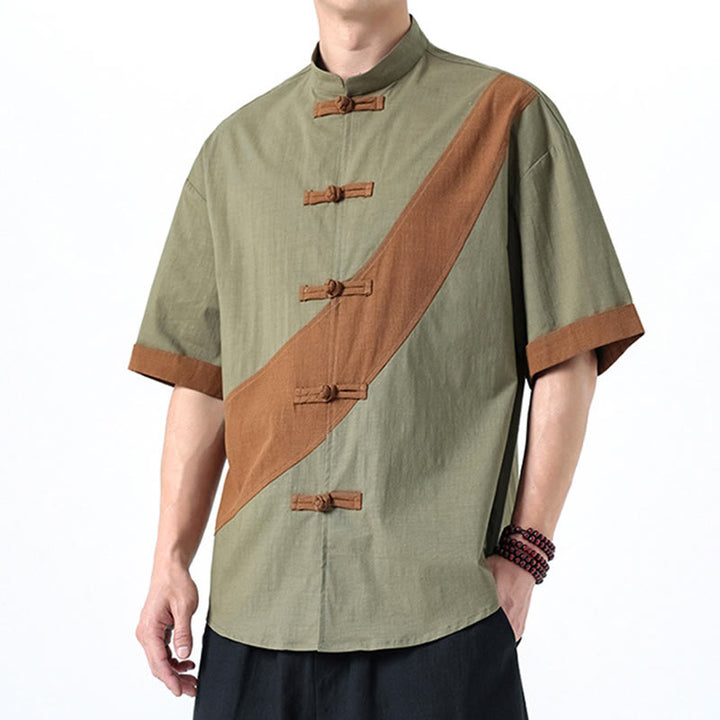 Camicia da uomo in cotone e lino a mezza manica con bottoni cinesi a contrasto di colore primaverile, motivo Buddha Stones