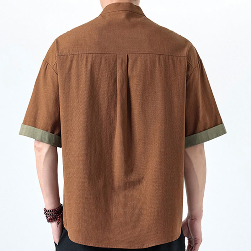 Camicia da uomo in cotone e lino a mezza manica con bottoni cinesi a contrasto di colore primaverile, motivo Buddha Stones