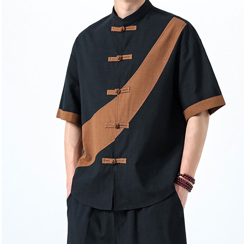 Camicia da uomo in cotone e lino a mezza manica con bottoni cinesi a contrasto di colore primaverile, motivo Buddha Stones