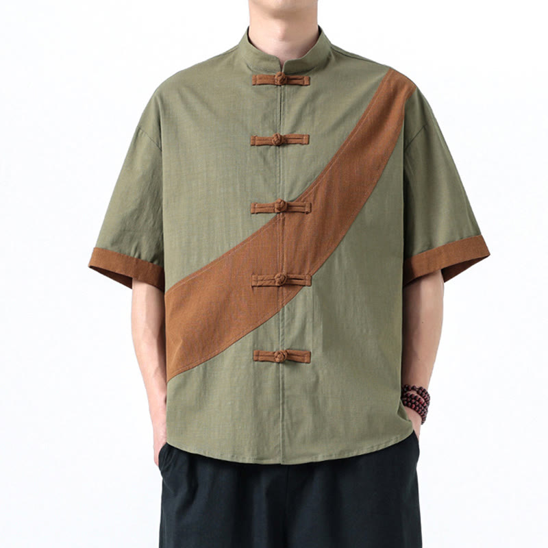 Camicia da uomo in cotone e lino a mezza manica con bottoni cinesi a contrasto di colore primaverile, motivo Buddha Stones
