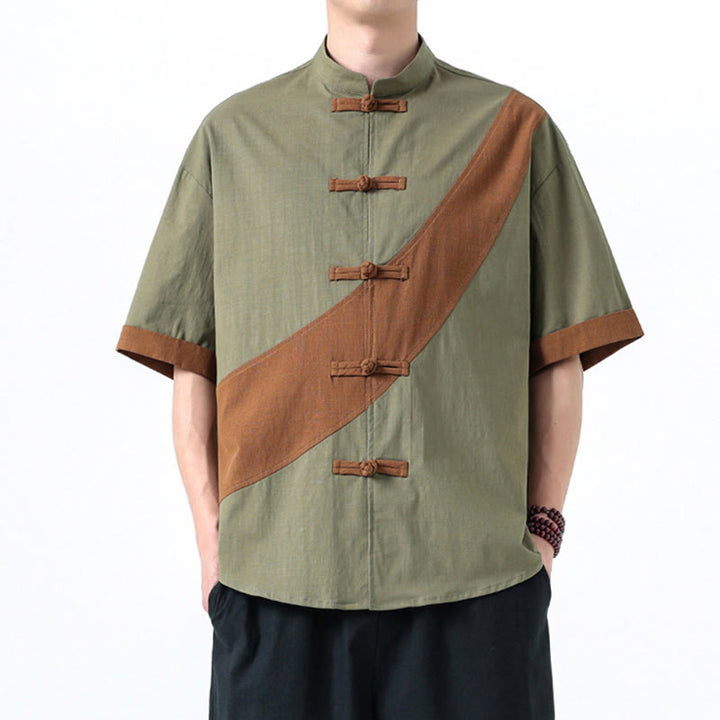 Camicia da uomo in cotone e lino a mezza manica con bottoni cinesi a contrasto di colore primaverile, motivo Buddha Stones