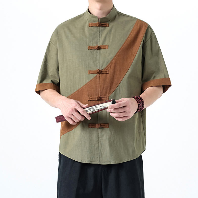 Camicia da uomo in cotone e lino a mezza manica con bottoni cinesi a contrasto di colore primaverile, motivo Buddha Stones