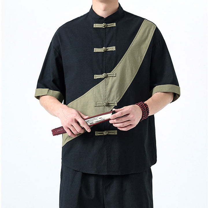 Camicia da uomo in cotone e lino a mezza manica con bottoni cinesi a contrasto di colore primaverile, motivo Buddha Stones