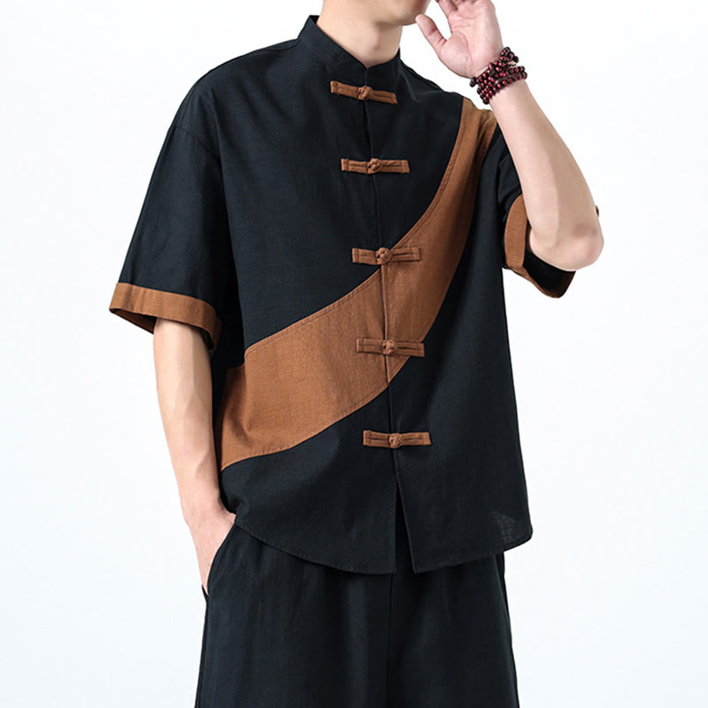Camicia da uomo in cotone e lino a mezza manica con bottoni cinesi a contrasto di colore primaverile, motivo Buddha Stones