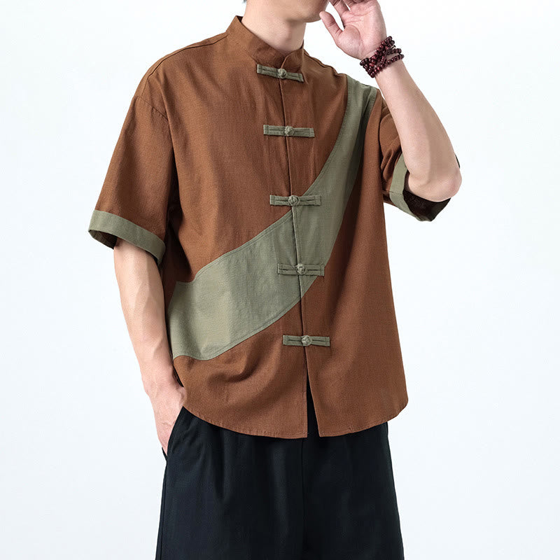 Camicia da uomo in cotone e lino a mezza manica con bottoni cinesi a contrasto di colore primaverile, motivo Buddha Stones