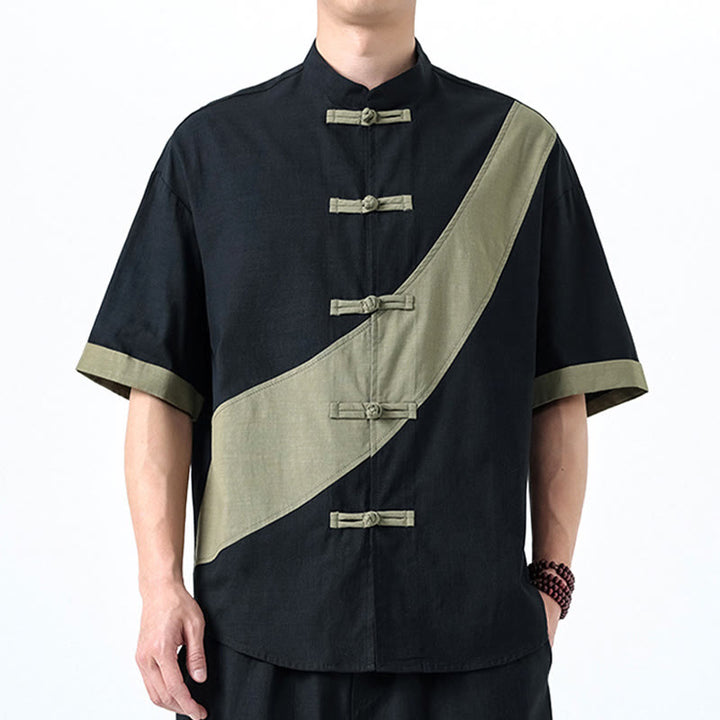 Camicia da uomo in cotone e lino a mezza manica con bottoni cinesi a contrasto di colore primaverile, motivo Buddha Stones