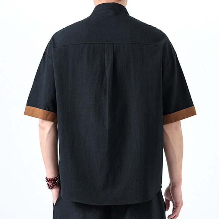 Camicia da uomo in cotone e lino a mezza manica con bottoni cinesi a contrasto di colore primaverile, motivo Buddha Stones