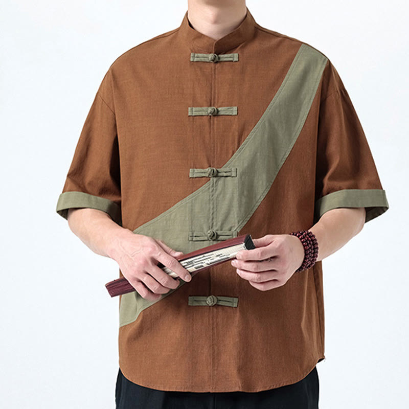 Camicia da uomo in cotone e lino a mezza manica con bottoni cinesi a contrasto di colore primaverile, motivo Buddha Stones