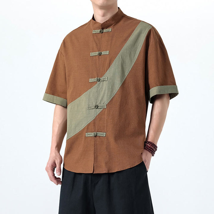 Camicia da uomo in cotone e lino a mezza manica con bottoni cinesi a contrasto di colore primaverile, motivo Buddha Stones