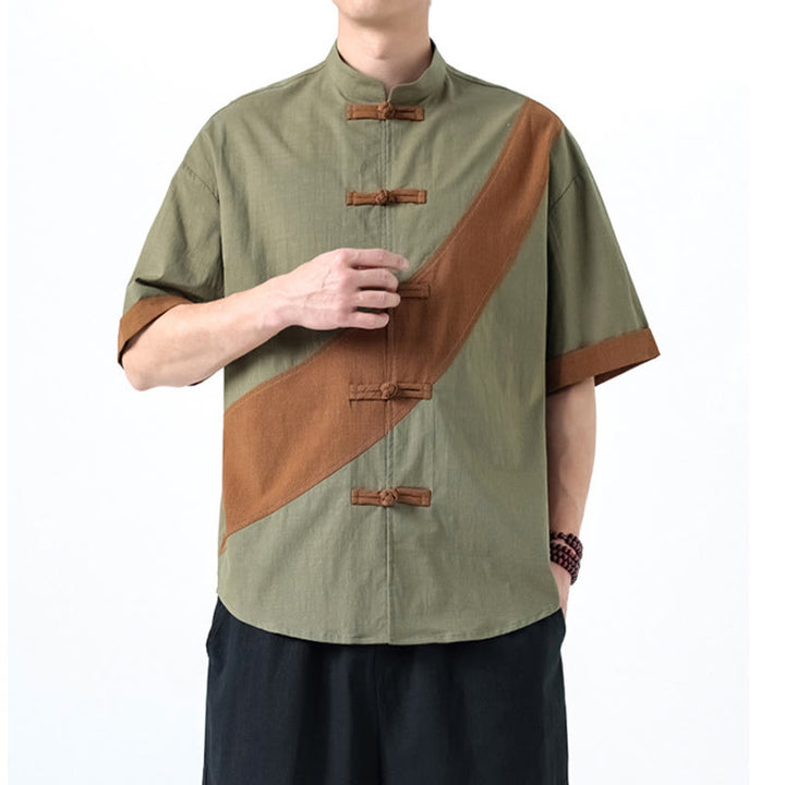 Camicia da uomo in cotone e lino a mezza manica con bottoni cinesi a contrasto di colore primaverile, motivo Buddha Stones