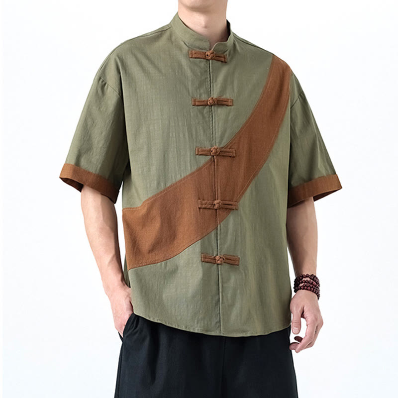 Camicia da uomo in cotone e lino a mezza manica con bottoni cinesi a contrasto di colore primaverile, motivo Buddha Stones