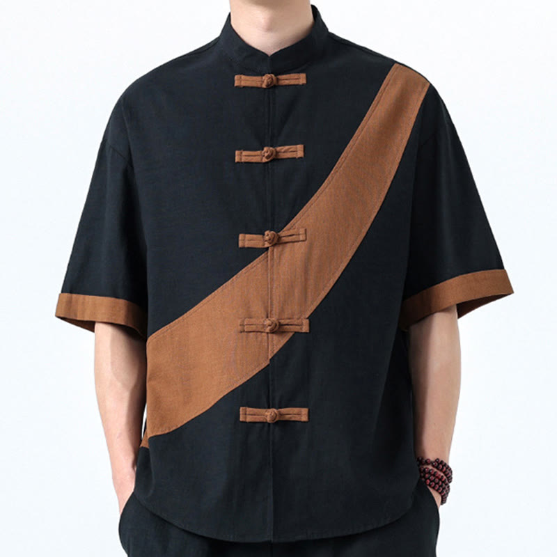Camicia da uomo in cotone e lino a mezza manica con bottoni cinesi a contrasto di colore primaverile, motivo Buddha Stones