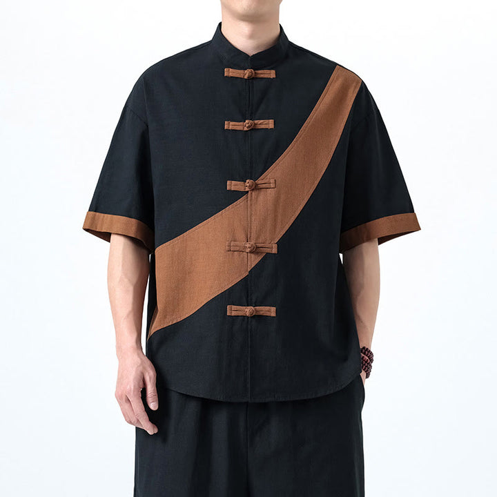 Camicia da uomo in cotone e lino a mezza manica con bottoni cinesi a contrasto di colore primaverile, motivo Buddha Stones