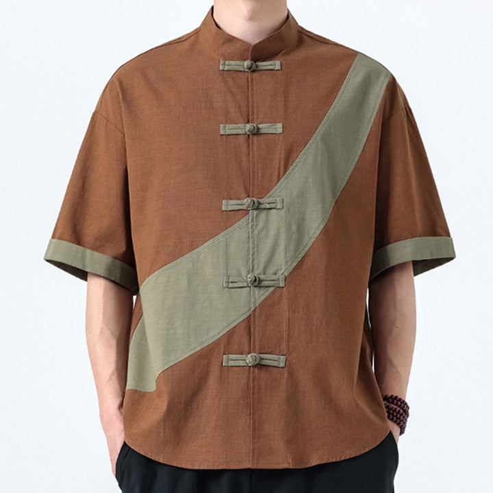 Camicia da uomo in cotone e lino a mezza manica con bottoni cinesi a contrasto di colore primaverile, motivo Buddha Stones