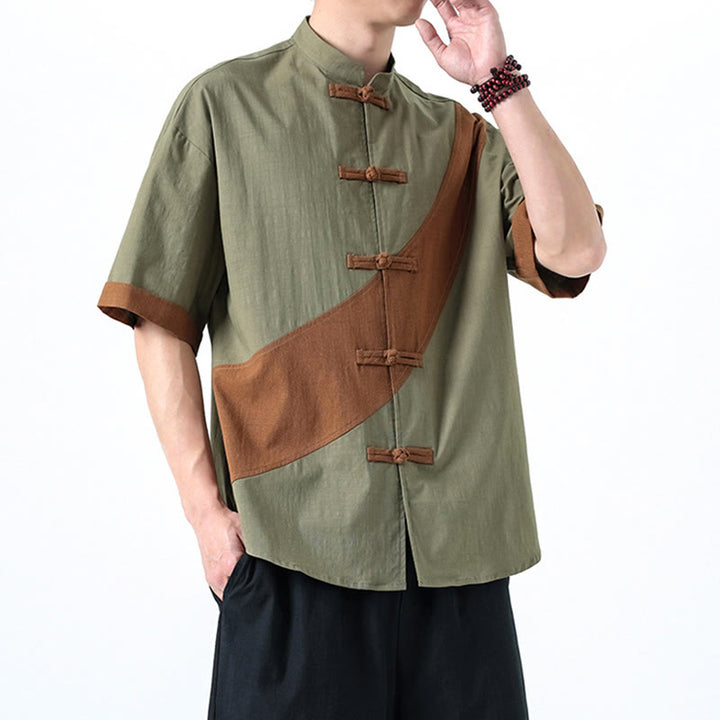 Camicia da uomo in cotone e lino a mezza manica con bottoni cinesi a contrasto di colore primaverile, motivo Buddha Stones