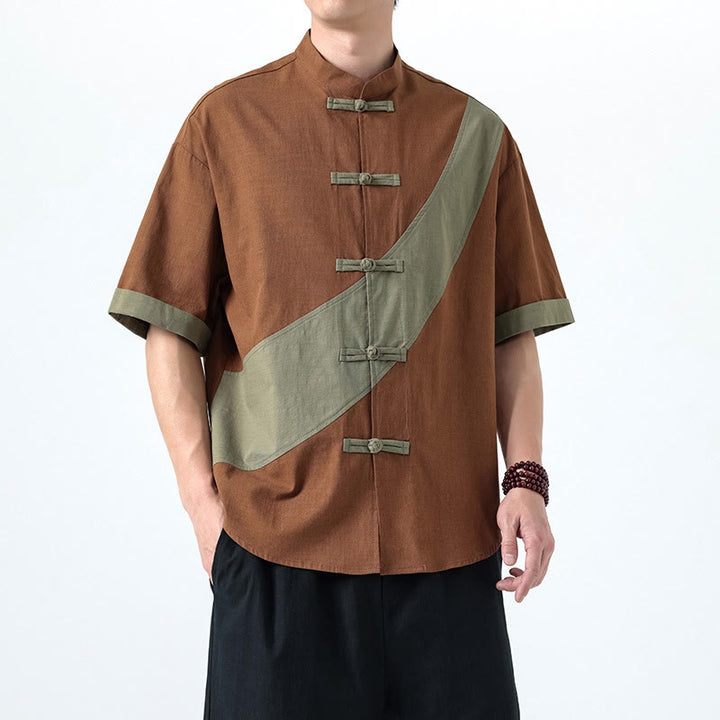 Camicia da uomo in cotone e lino a mezza manica con bottoni cinesi a contrasto di colore primaverile, motivo Buddha Stones