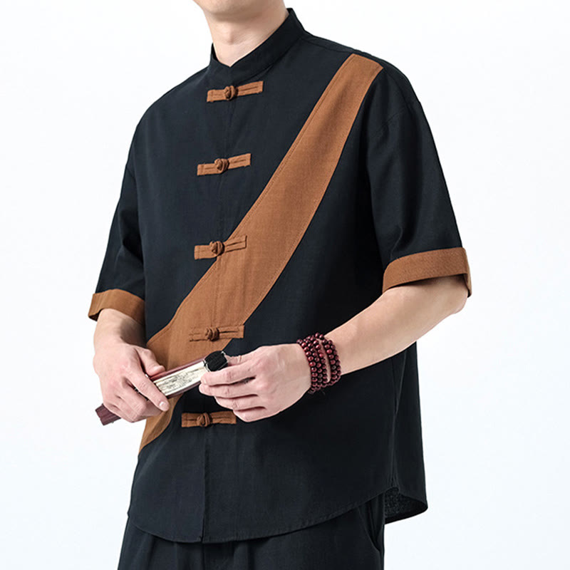 Camicia da uomo in cotone e lino a mezza manica con bottoni cinesi a contrasto di colore primaverile, motivo Buddha Stones