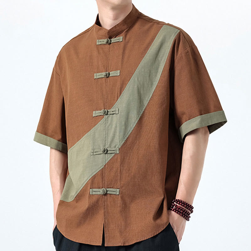 Camicia da uomo in cotone e lino a mezza manica con bottoni cinesi a contrasto di colore primaverile, motivo Buddha Stones