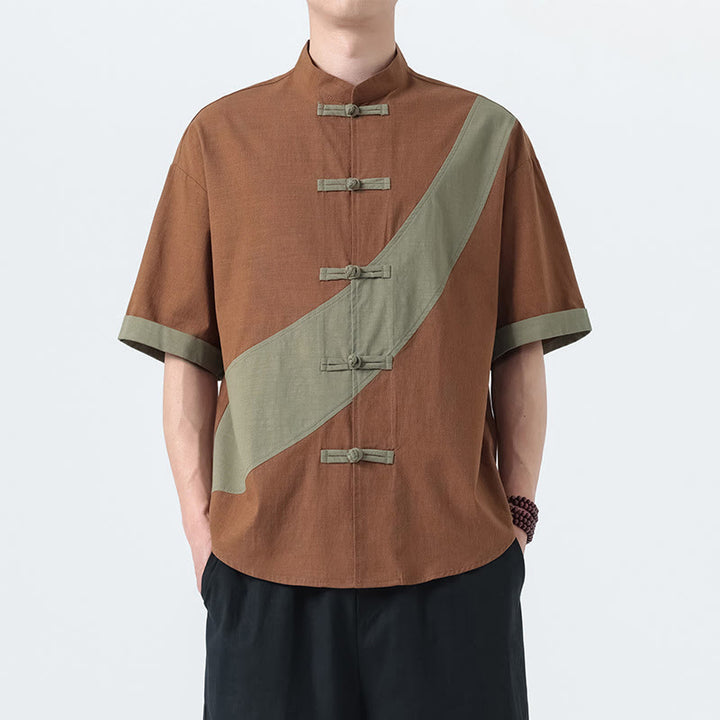 Camicia da uomo in cotone e lino a mezza manica con bottoni cinesi a contrasto di colore primaverile, motivo Buddha Stones